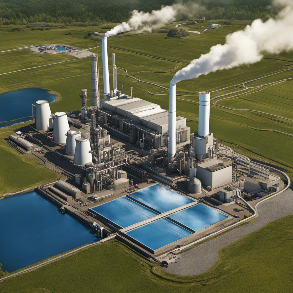 An image showcasing a geothermal power plant: pipes extending deep into the Earth's crust, circulating water heated by geothermal energy, turbines generating electricity, and a cooling tower releasing steam