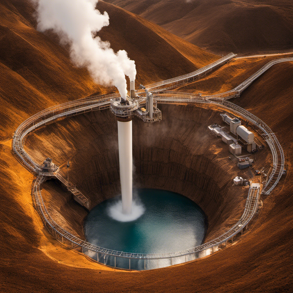 An image that showcases the intricate process of geothermal energy production, depicting an underground reservoir of hot water being tapped into by drilling a deep well, circulating the hot water to generate electricity