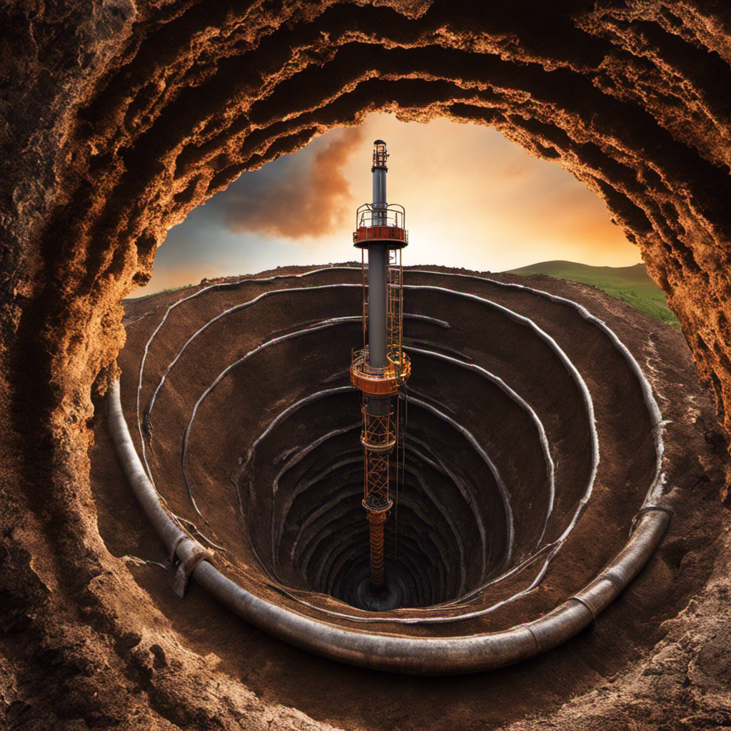 An image showcasing a deep well drilled into the Earth's crust, revealing a complex network of underground pipes