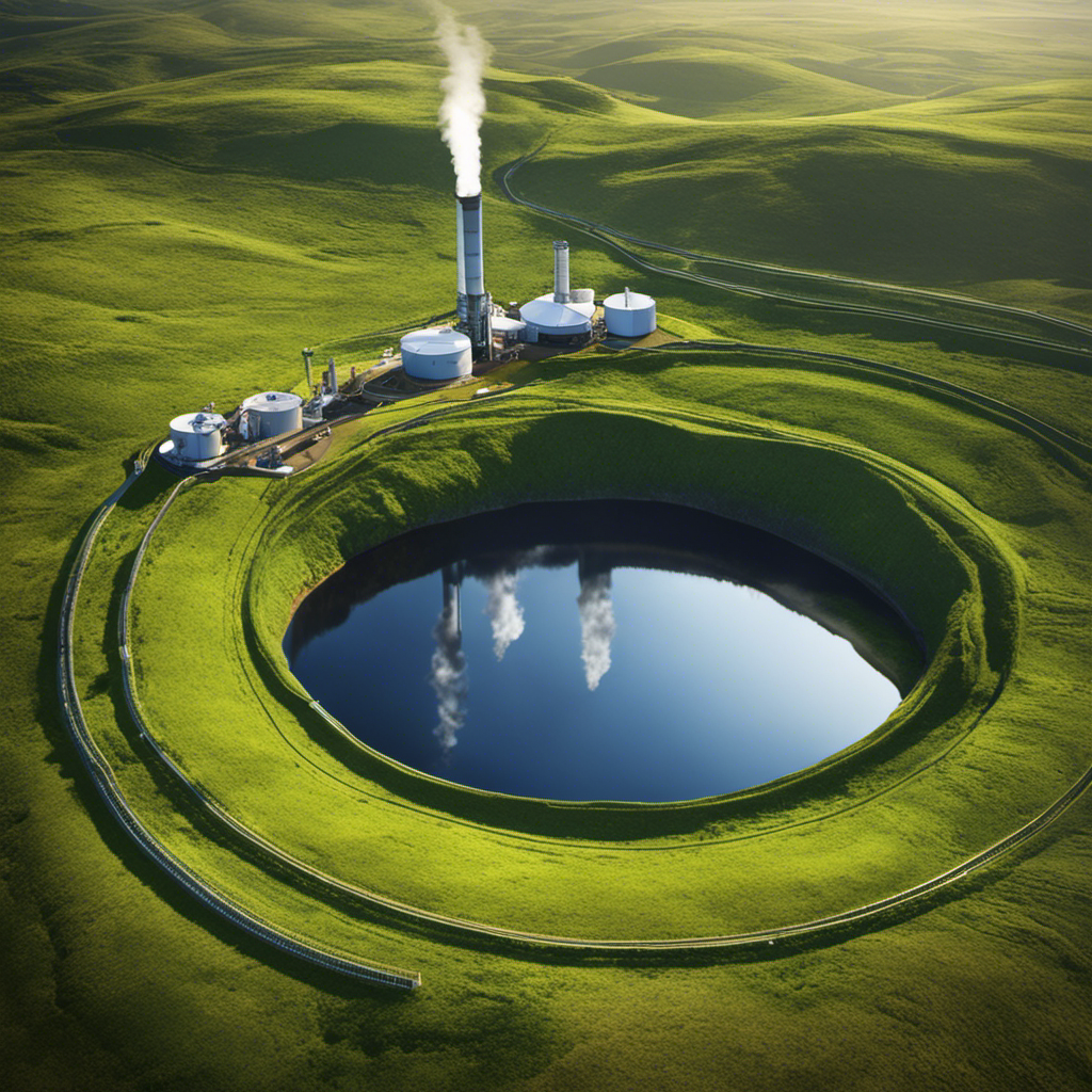 An image showcasing the process of geothermal energy production: a deep well drilled into the Earth's crust, where hot water and steam rise to the surface, driving a turbine to produce clean and renewable electricity