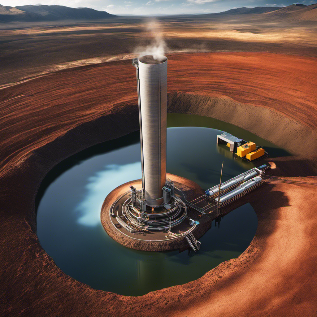 An image showcasing the step-by-step process of harnessing geothermal energy: drilling deep into Earth's core, capturing the hot water or steam, transferring it through pipes, and converting it into usable electricity