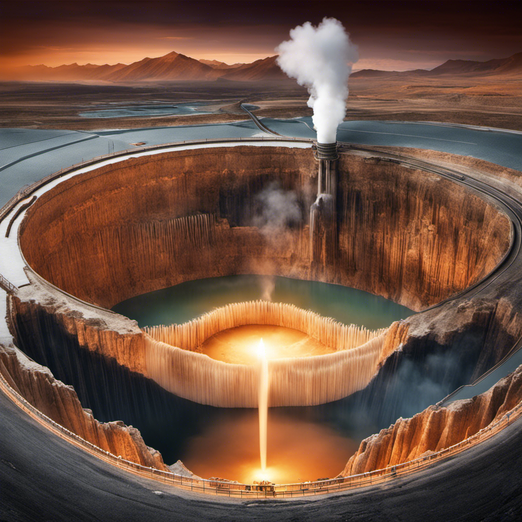 An image showcasing a vast underground reservoir of hot water, encased in layers of rock, with arrows illustrating the movement of steam channels towards a power plant, which releases clean, renewable geothermal energy
