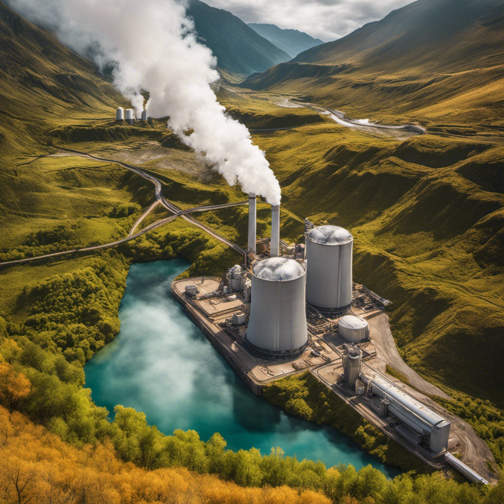 An image showcasing a geothermal power plant nestled in the natural beauty of a serene valley