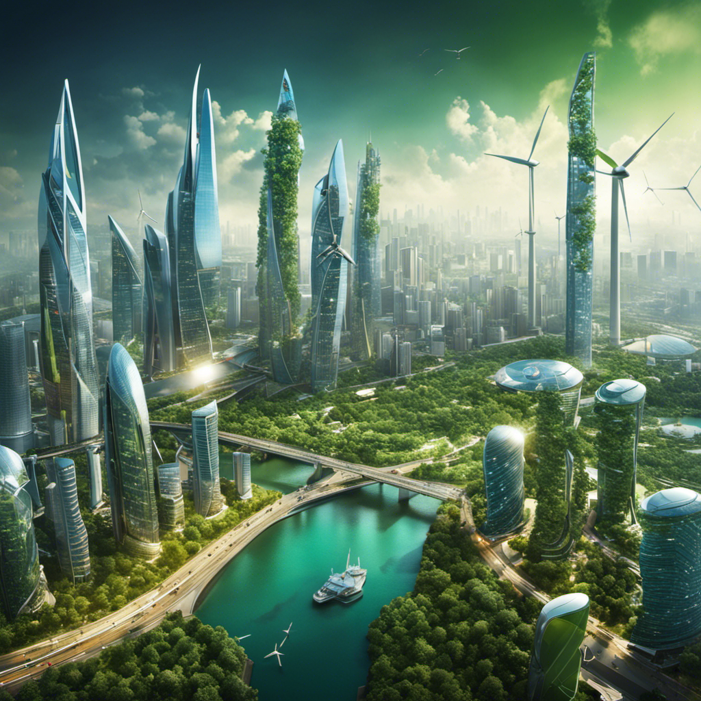 An image showcasing a bustling cityscape with futuristic skyscrapers adorned with solar panels and wind turbines