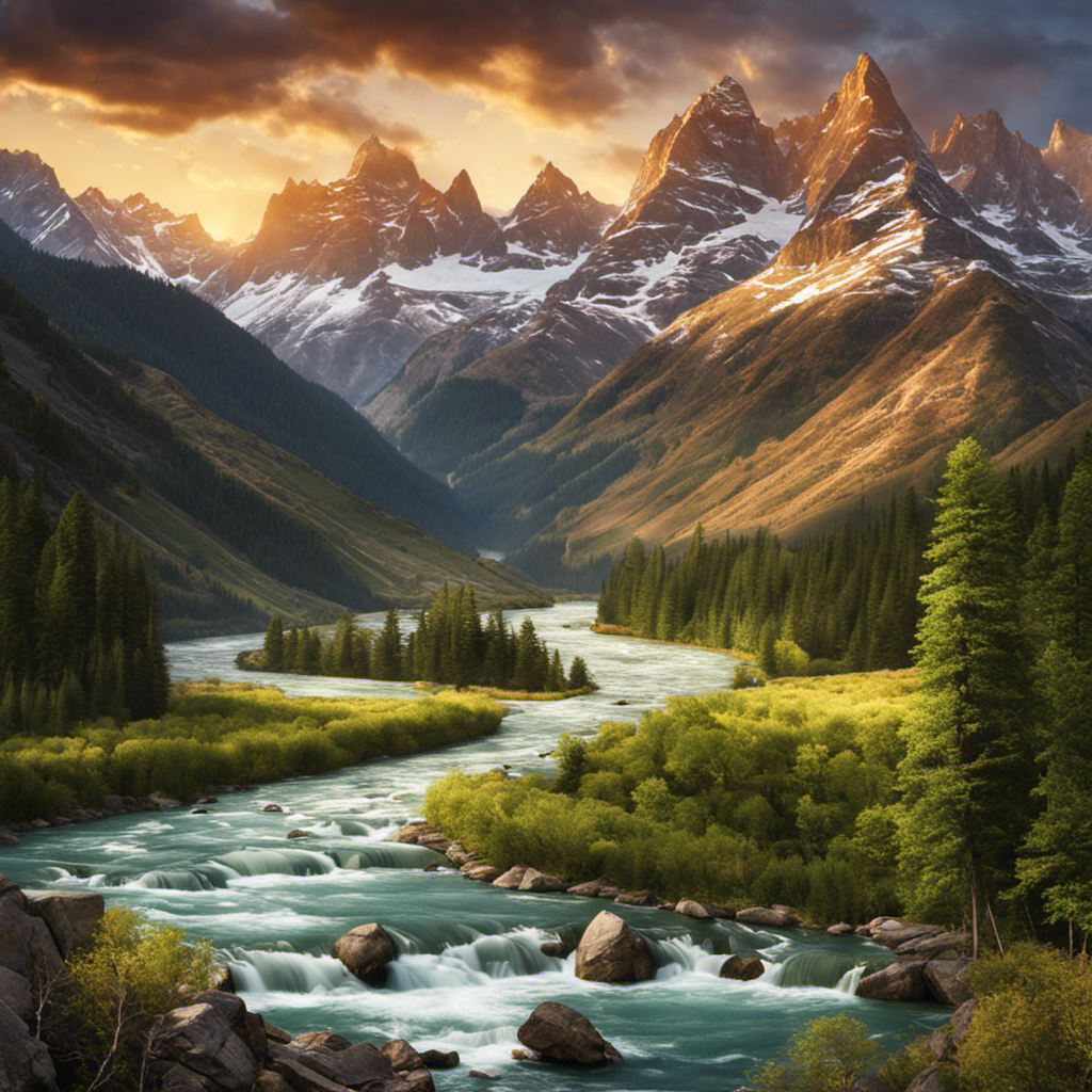 An image showcasing a vast mountain range with a pristine river flowing through it, capturing the grandeur of nature