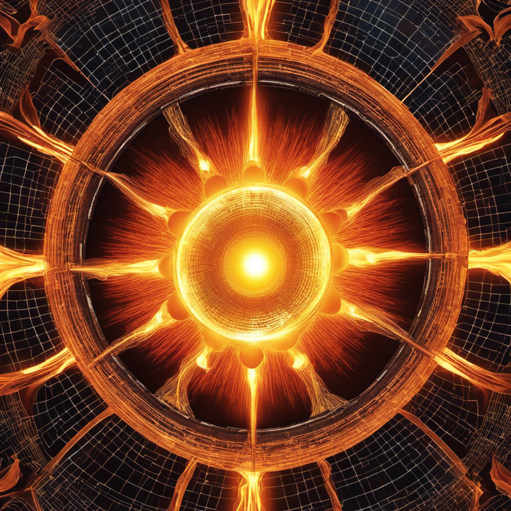 An image showcasing the intricate process of solar energy generation, depicting the sun's core as a vibrant fusion reactor radiating intense rays of light, which then transform into a spectrum of energy forms, including heat, electromagnetic radiation, and particle emissions