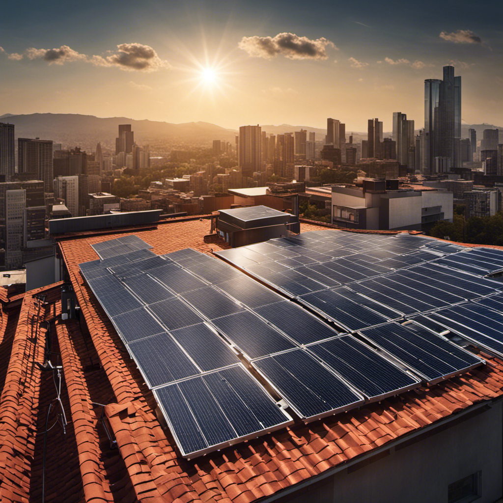 An image showcasing a solar panel array on a rooftop, capturing the exact moment when sunlight interacts with the photovoltaic cells, converting solar energy into electricity with visible electric currents flowing
