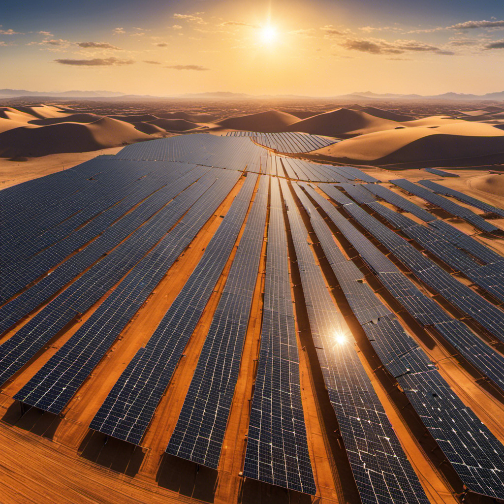 An image showing a vast expanse of solar panels neatly arranged in a desert landscape
