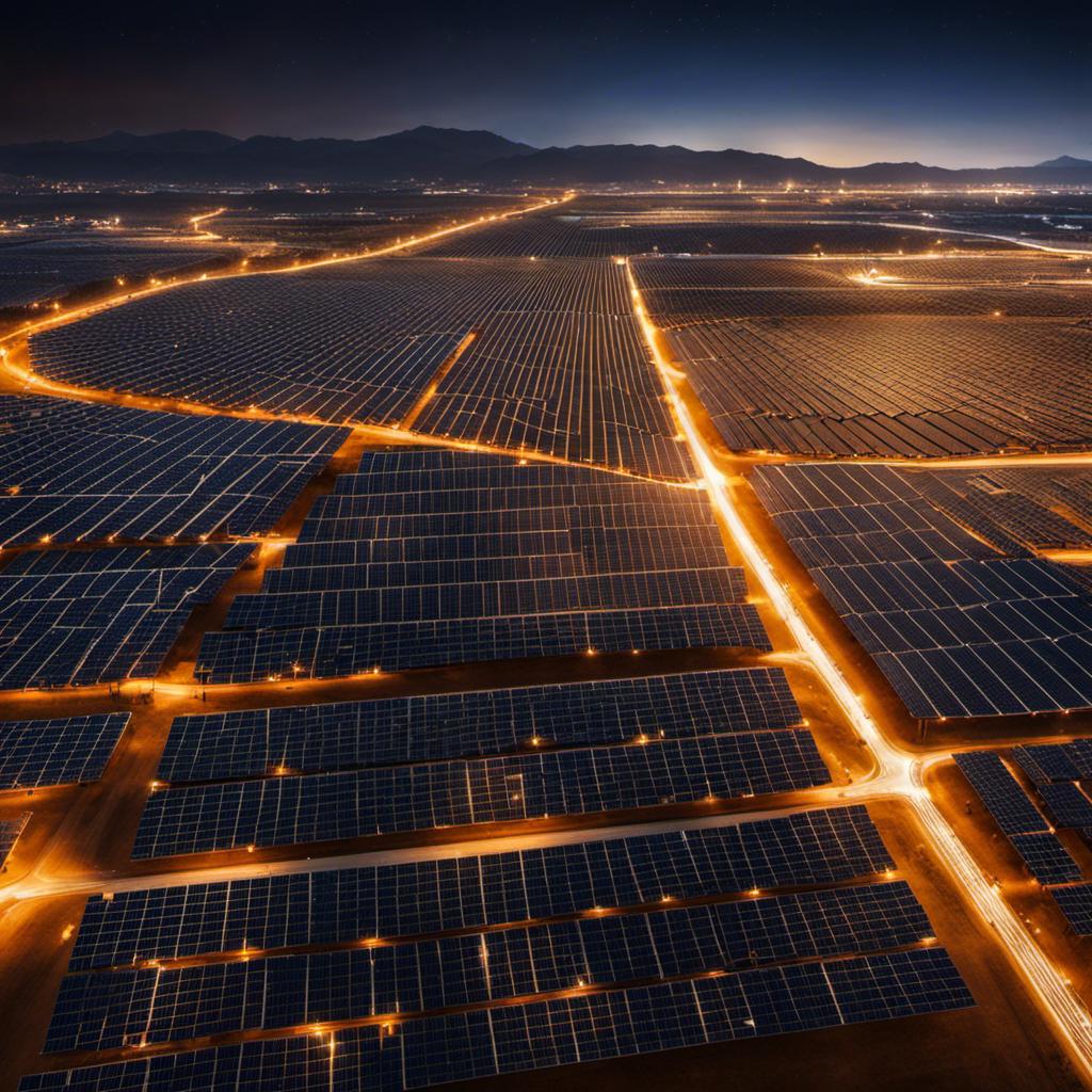 An image showcasing a vast solar farm with rows of photovoltaic panels absorbing sunlight, converting it into electricity