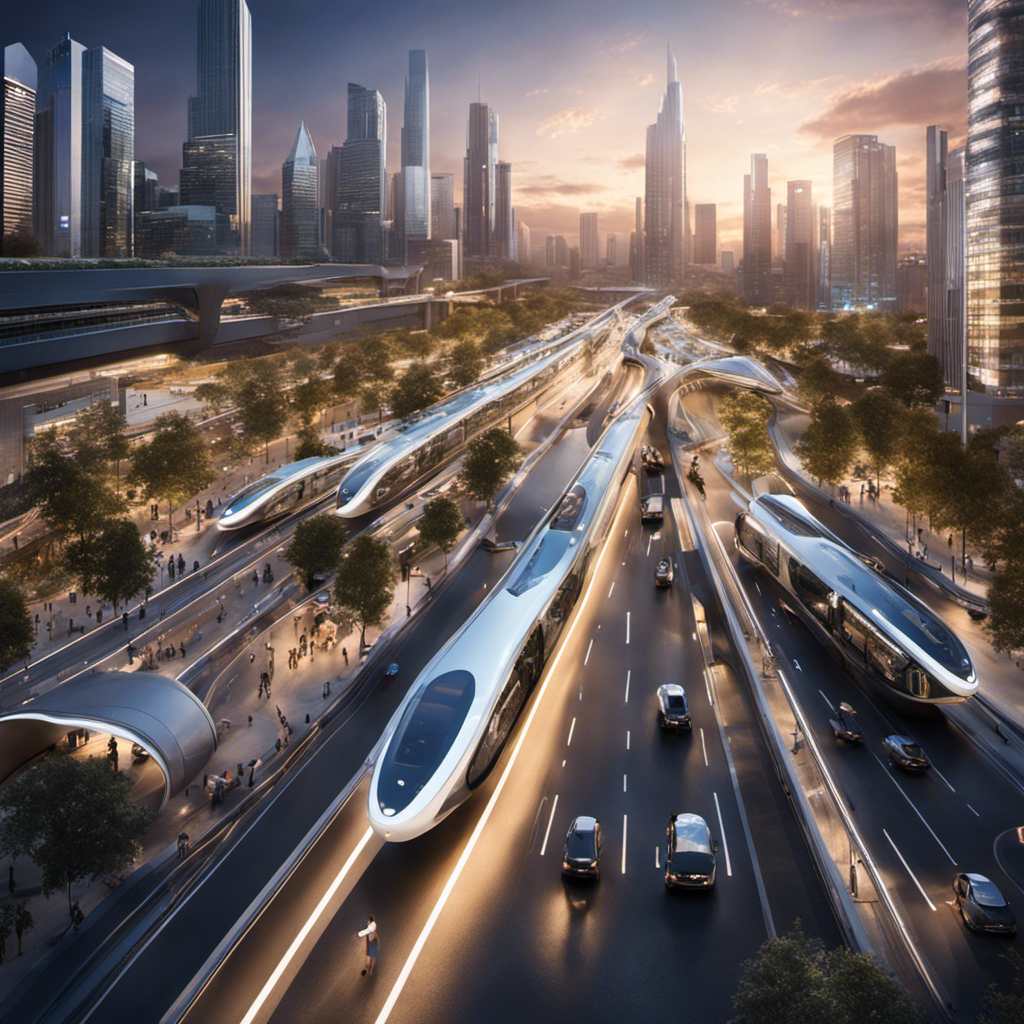 An image showcasing a futuristic, bustling multi-modal transit corridor with autonomous vehicles, smart traffic management systems, electric bikes, shared scooters, and commuters seamlessly navigating through the high-tech transportation network