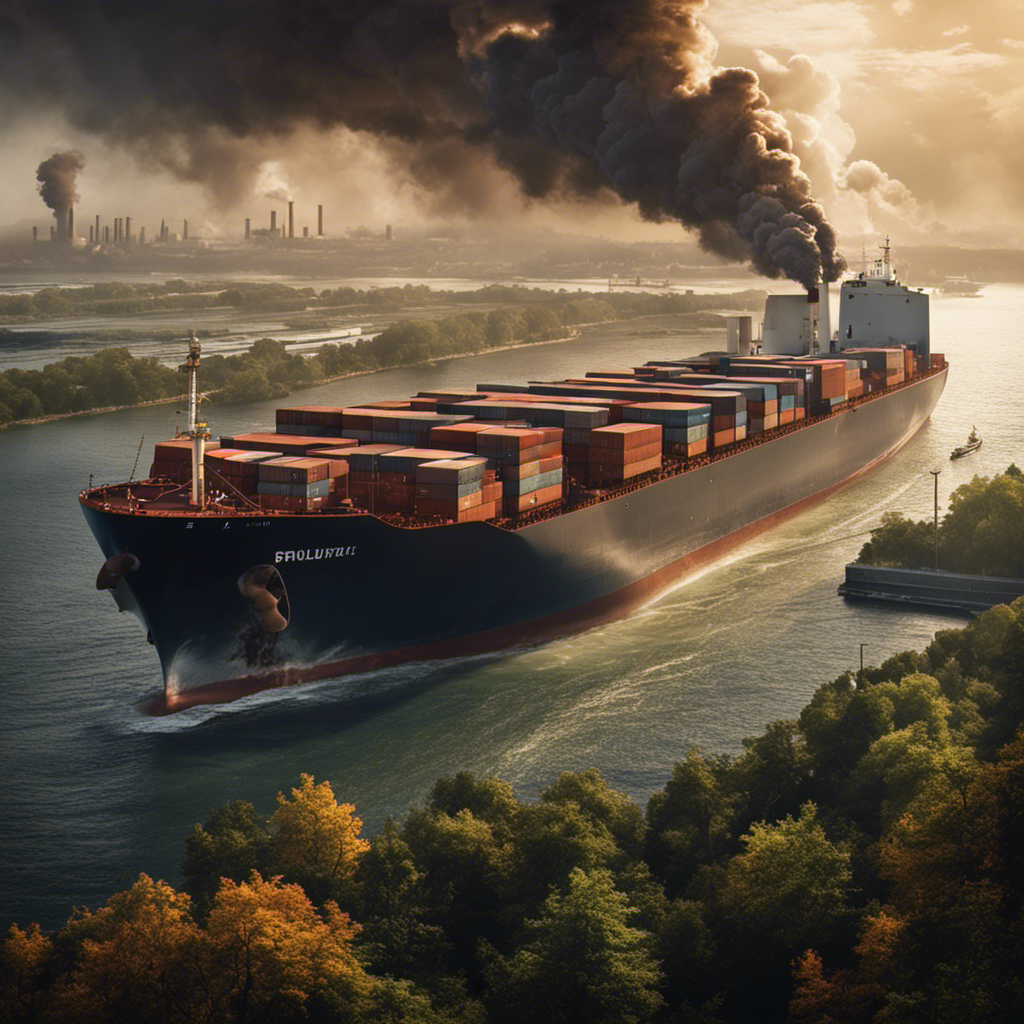 An image of a cargo ship navigating through treacherous pollution-filled waters, surrounded by factory smokestacks emitting toxic clouds