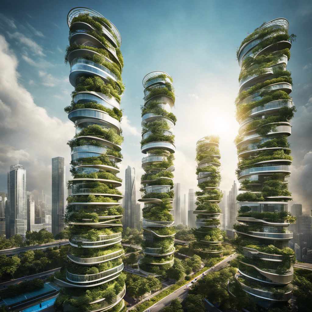 An image capturing a vibrant city skyline with futuristic, eco-friendly skyscrapers adorned with solar panels and vertical gardens