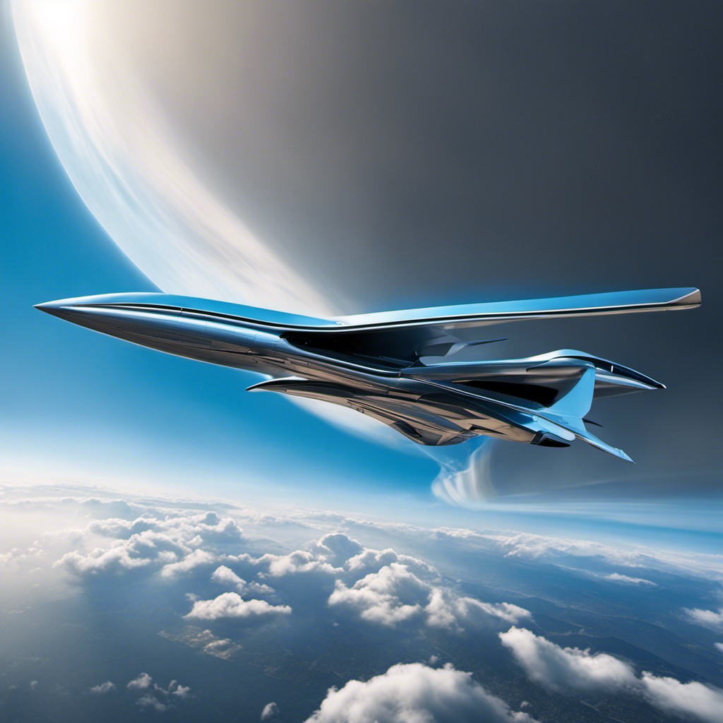 An image depicting a futuristic aircraft soaring through a clear blue sky, powered by renewable energy sources, with sleek, aerodynamic design and cutting-edge technology seamlessly integrated into its structure
