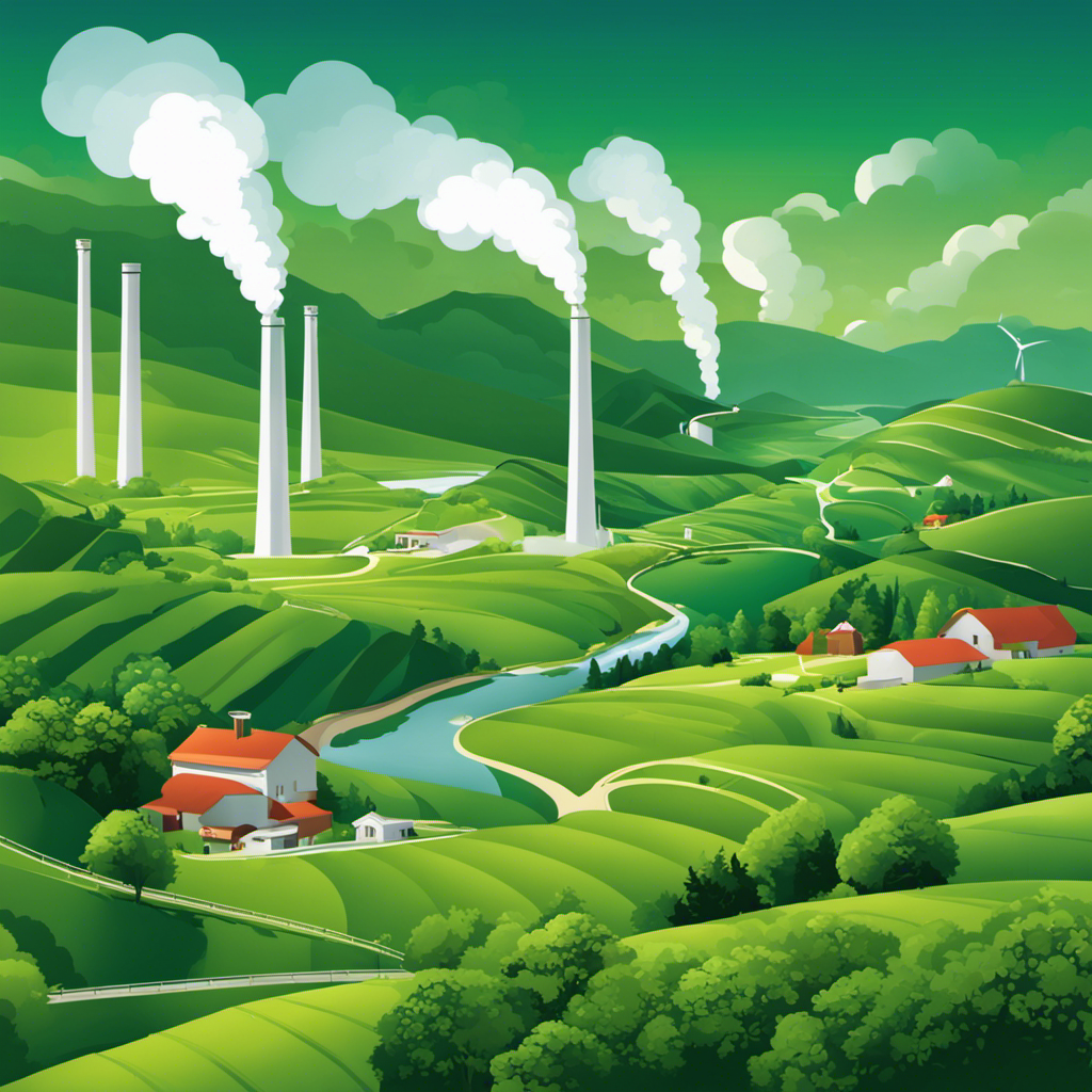 An image depicting a lush, green landscape with geothermal power plants nestled amidst rolling hills