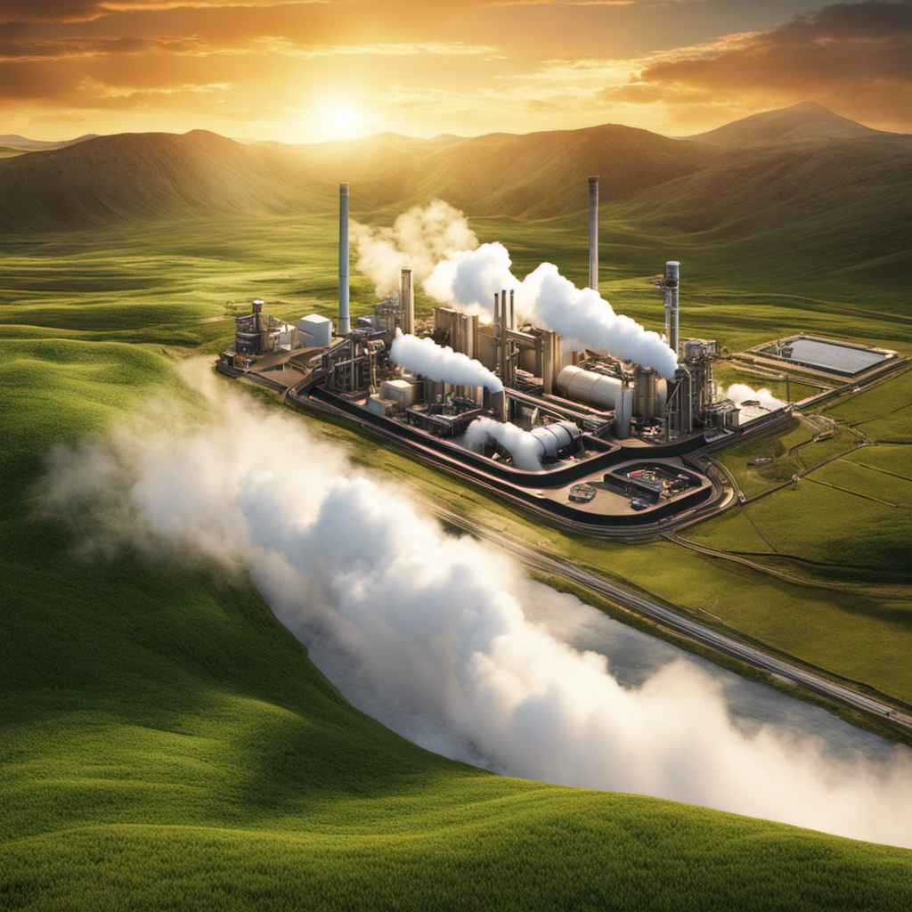 An image showcasing the process of geothermal energy conversion into electricity: a geothermal power plant with underground pipes extracting steam from the Earth's core, which turns turbines, producing electricity, ultimately powering homes and industries