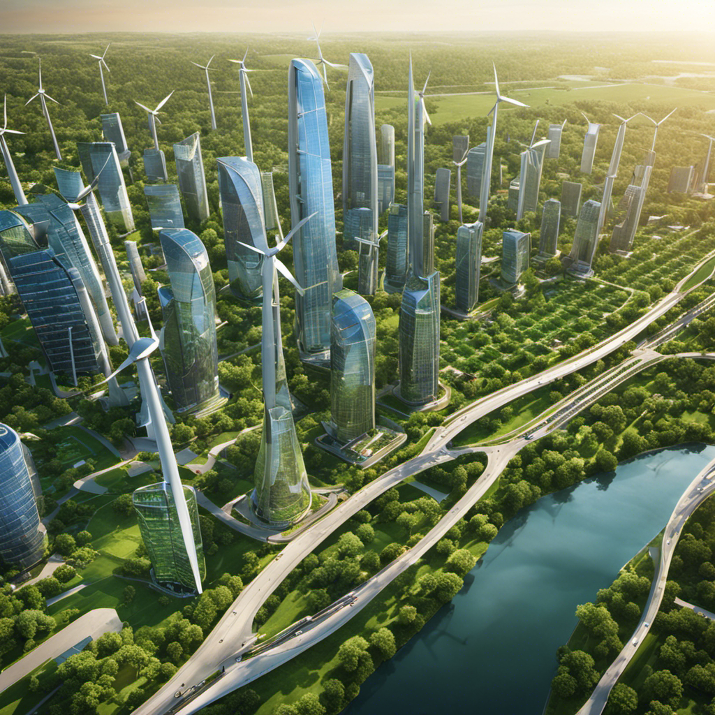 An image of a bustling city skyline transformed by a vibrant green energy grid, with wind turbines and solar panels adorning rooftops, showcasing the transformative power of renewable energy in reducing carbon footprints