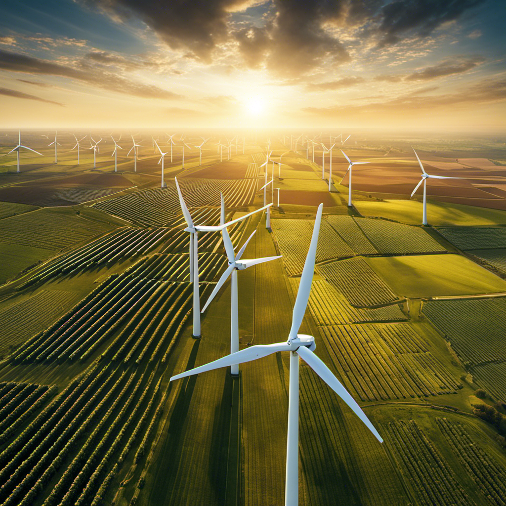 An image showcasing a vast wind farm with multiple towering turbines harmoniously coexisting alongside a sprawling solar panel field, illustrating the interconnectedness and synergy between wind energy and solar energy generation