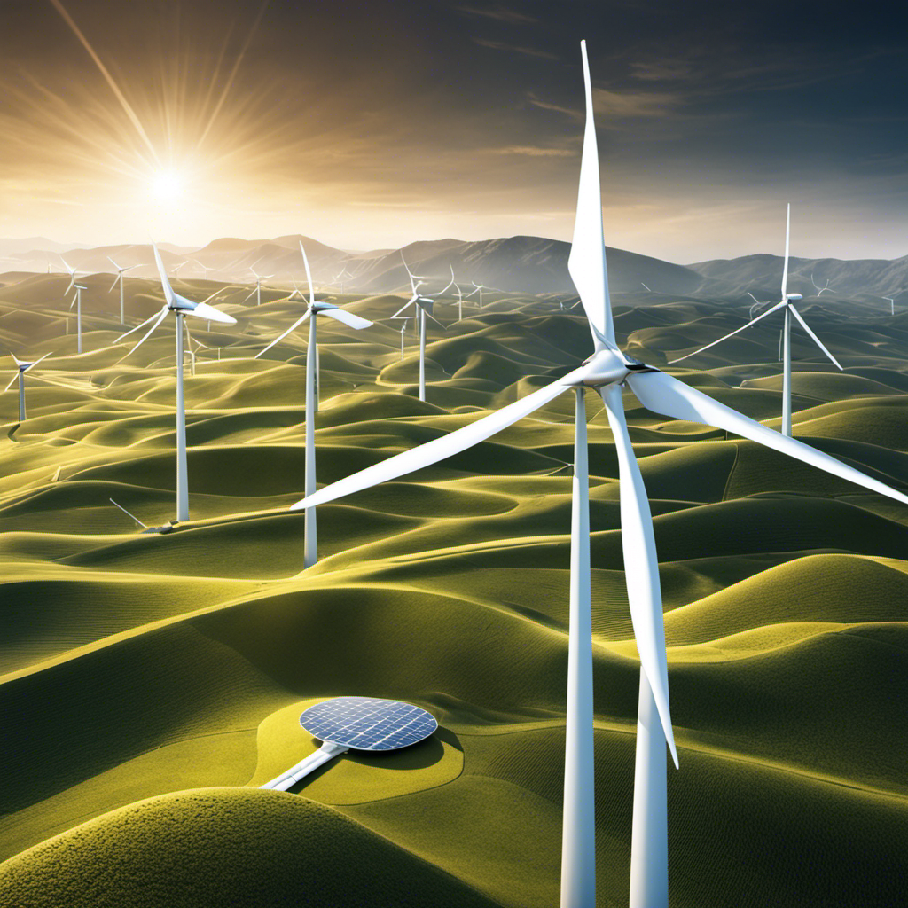An image showcasing a futuristic landscape with vast, gleaming solar panels seamlessly integrated into the design of sleek wind turbines, symbolizing the harmonious coexistence and interdependence of wind and solar energy in the future
