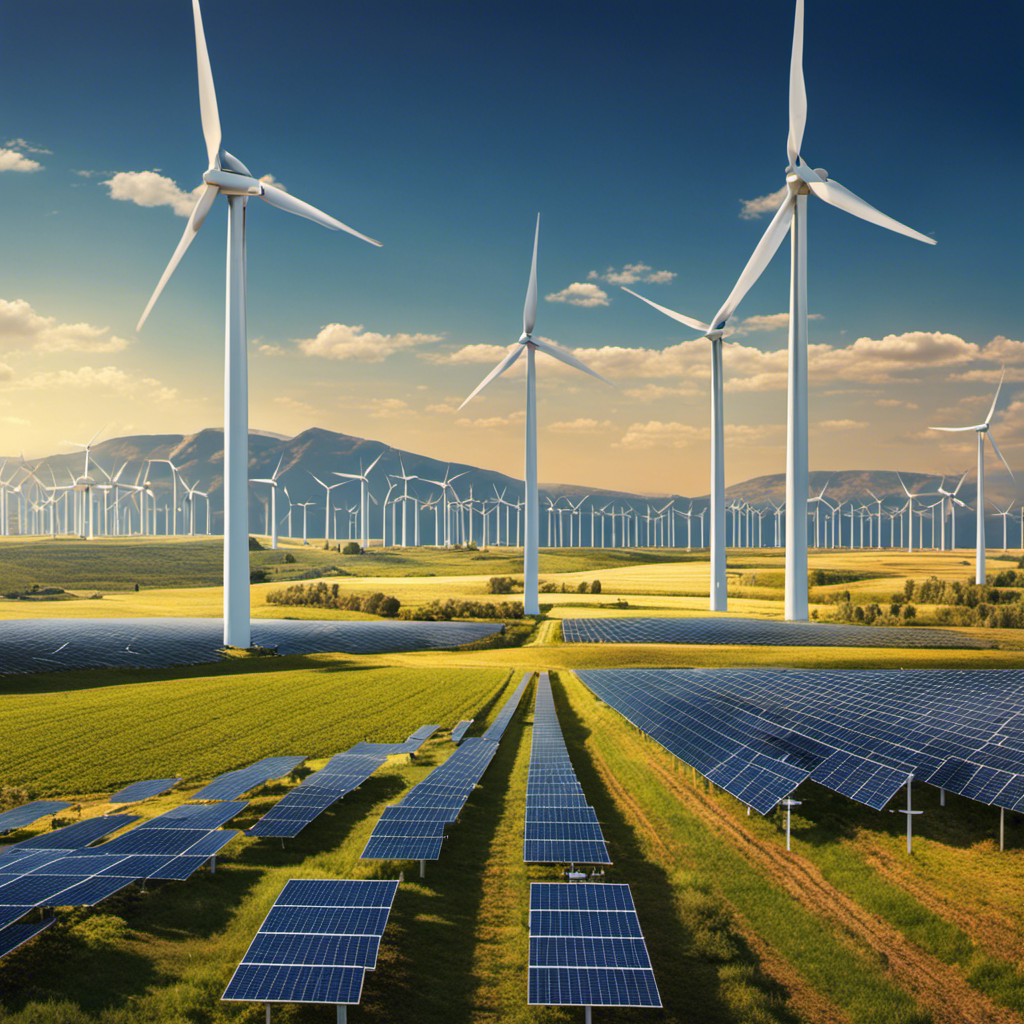 An image depicting a vast field of wind turbines standing tall under a clear blue sky, with a backdrop of solar panels gleaming in the sunlight, illustrating the interconnectedness of wind and solar energy