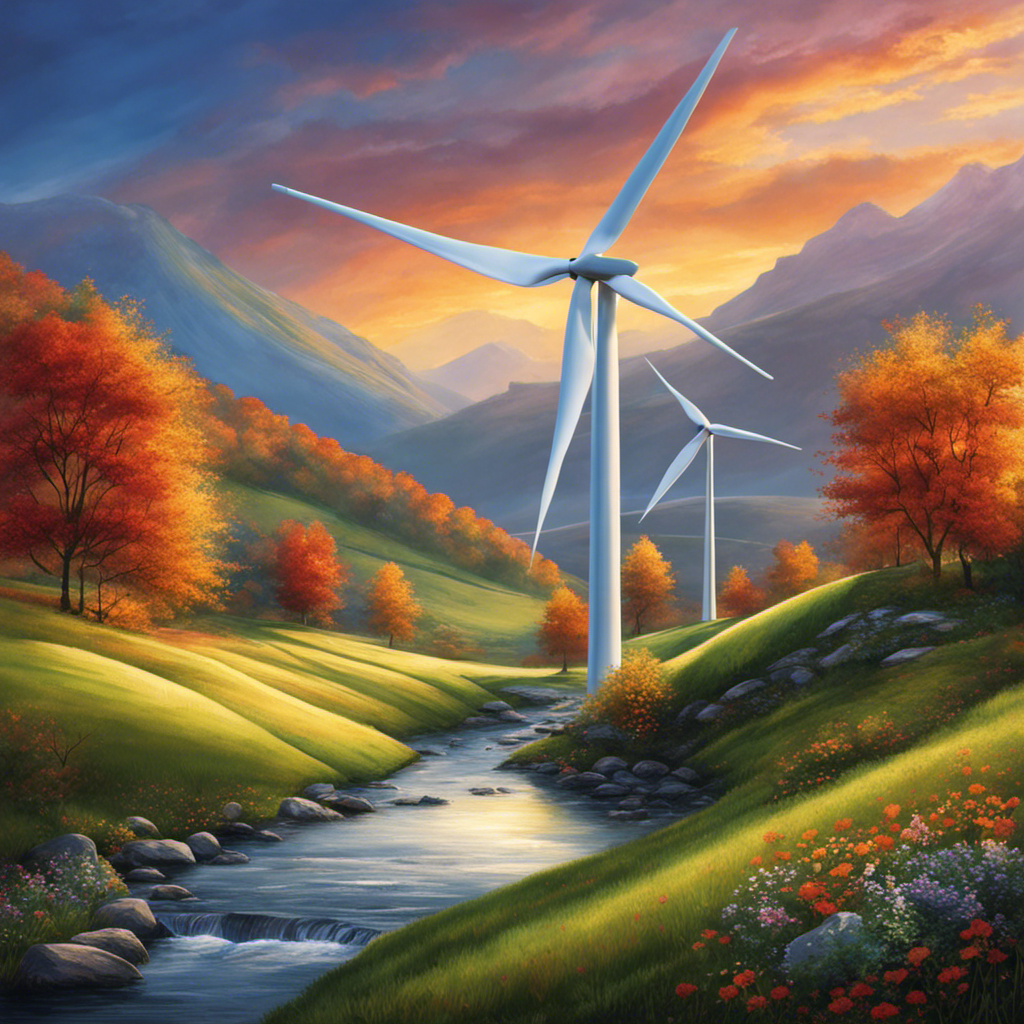 An image that depicts a serene landscape with a majestic wind turbine standing tall amidst rolling hills, its sleek blades gracefully rotating against a vibrant sky, symbolizing the longevity and sustainability of wind energy