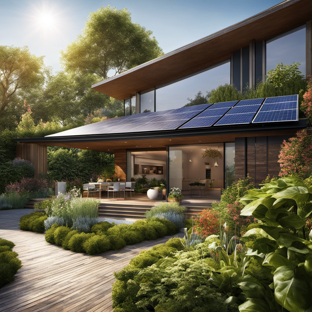 An image of a sunlit rooftop adorned with sleek, efficient solar panels, surrounded by a vibrant, lush garden