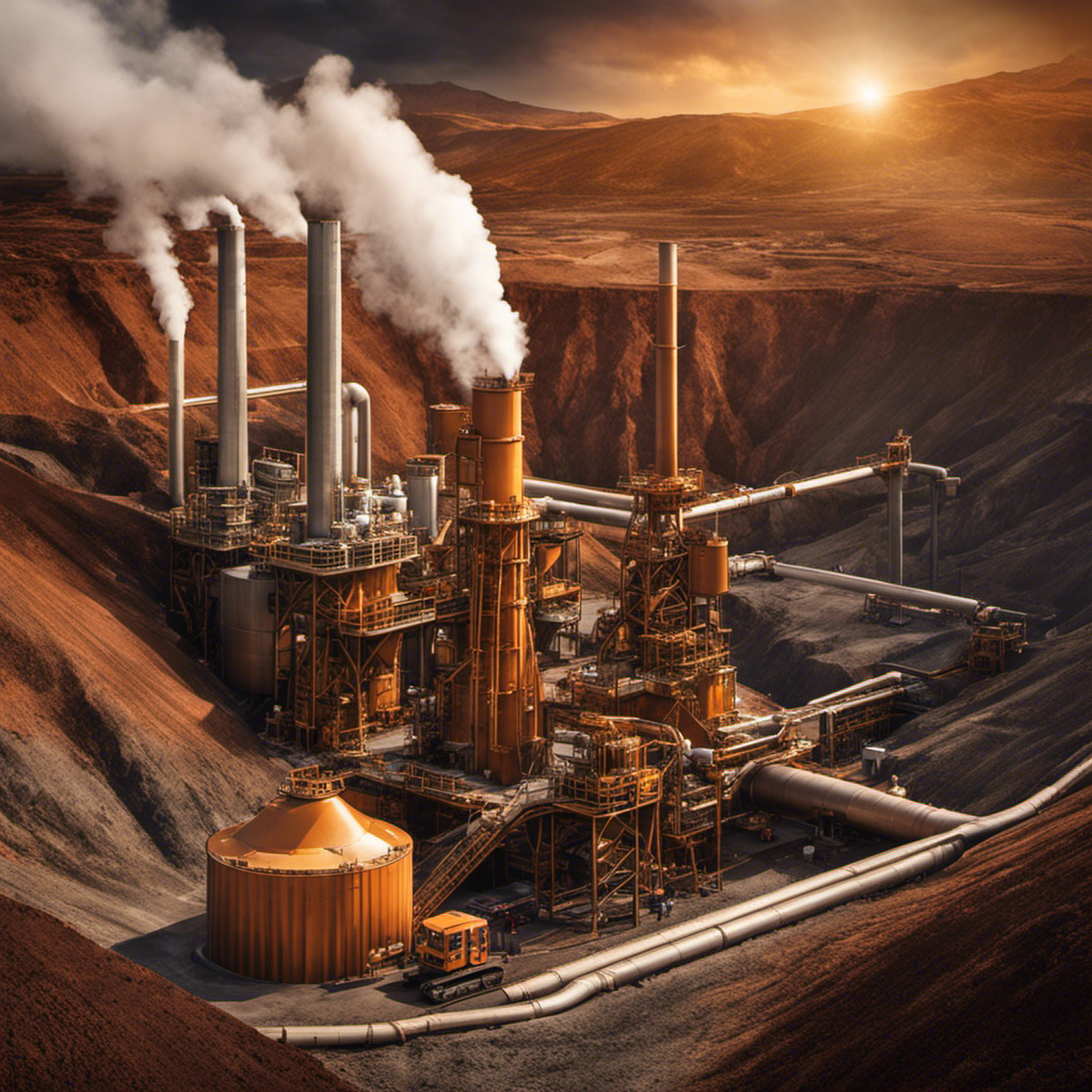 An image showcasing the intricate process of harnessing geothermal energy, depicting workers drilling deep into the Earth's crust, connecting pipes, and generating steam to power turbines, all amidst a backdrop of geothermal power plants