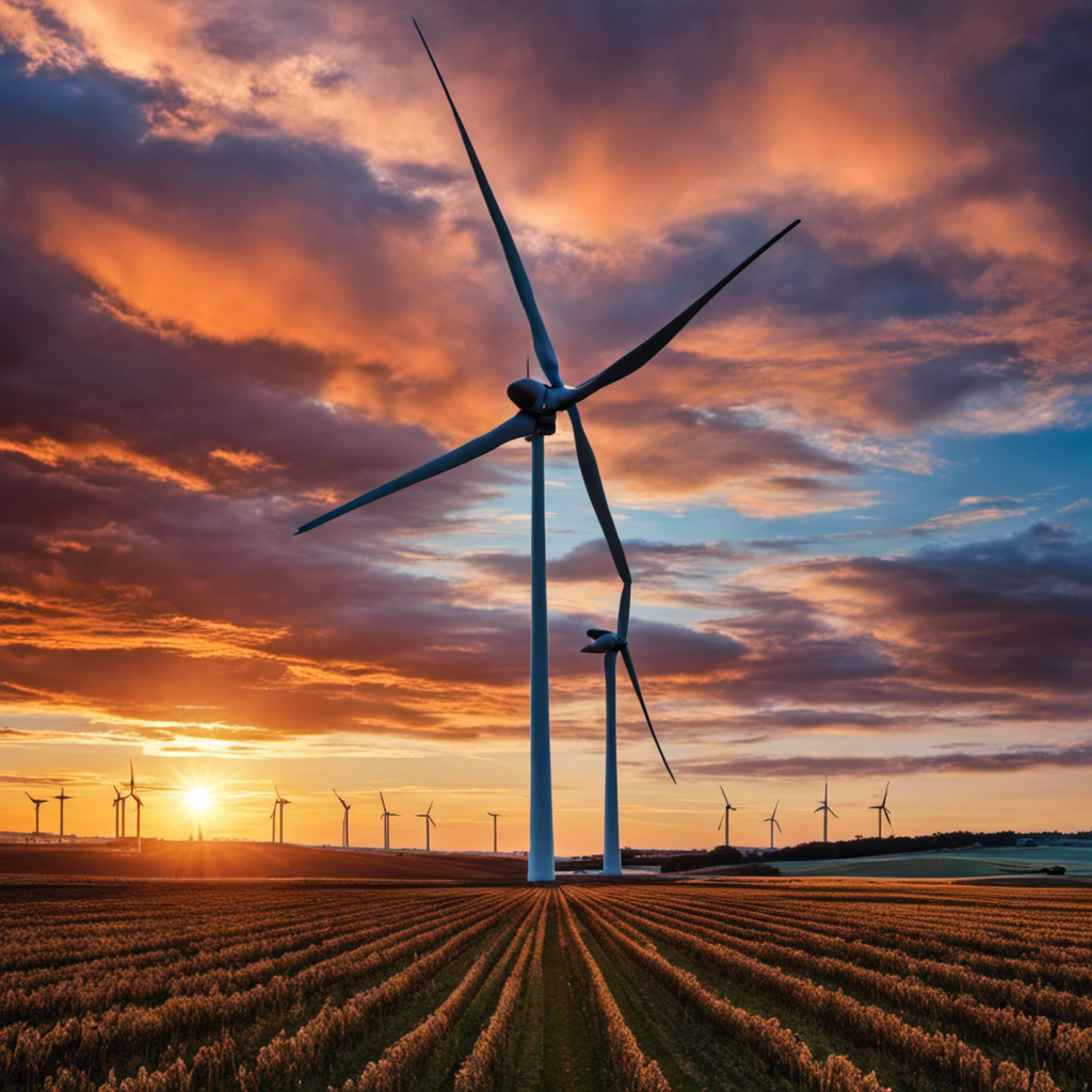 An image capturing the awe-inspiring length of a wind turbine propeller, stretching high into the sky, its slender, curved blades elegantly slicing through the air, backed by a vibrant horizon