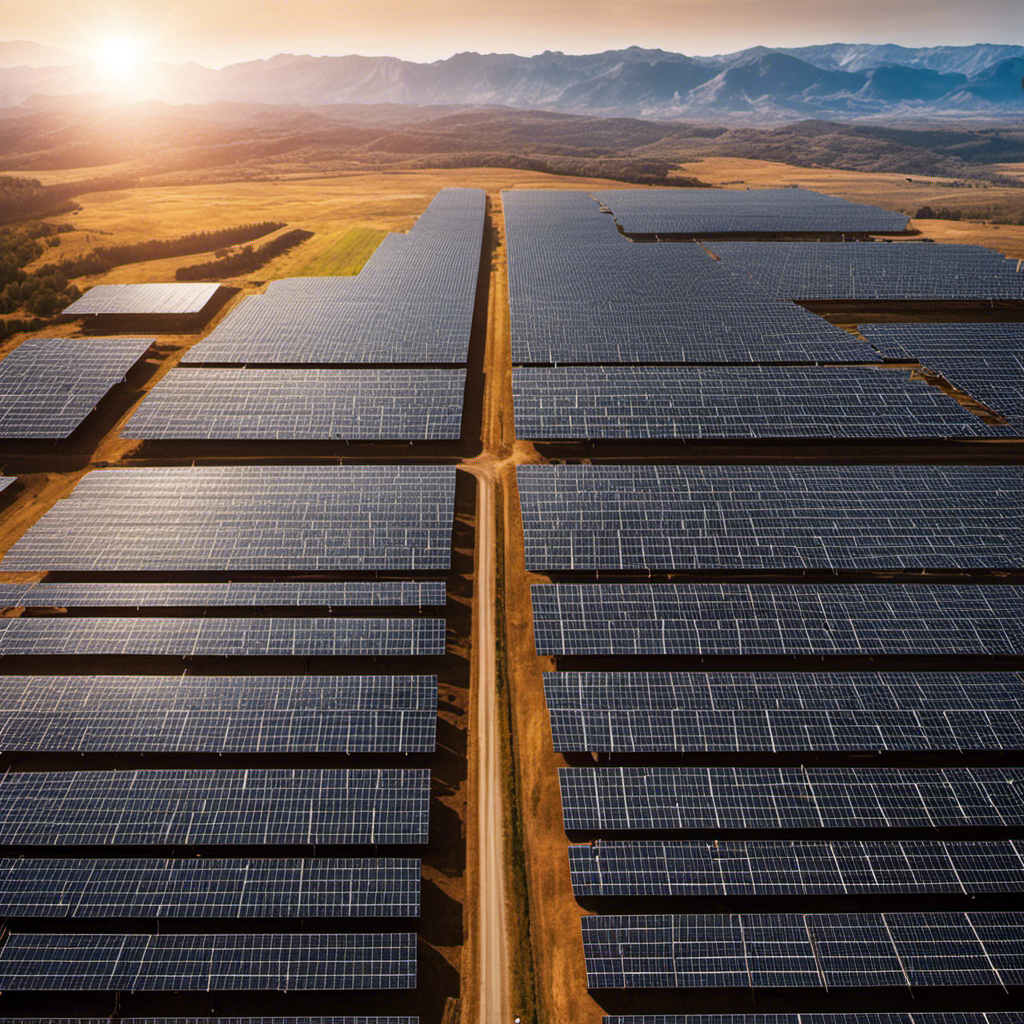 An image showcasing a vast landscape with rows of solar panels stretching as far as the eye can see