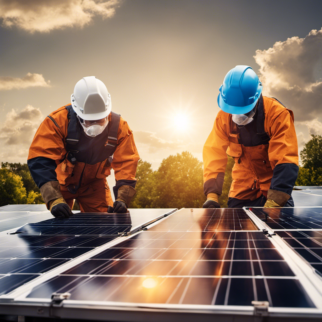 An image showcasing a diverse group of American workers in protective gear, installing solar panels on rooftops, against a backdrop of sunny skies
