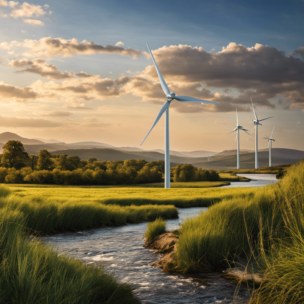 An image showcasing a 400-watt wind turbine in action, set against a scenic backdrop
