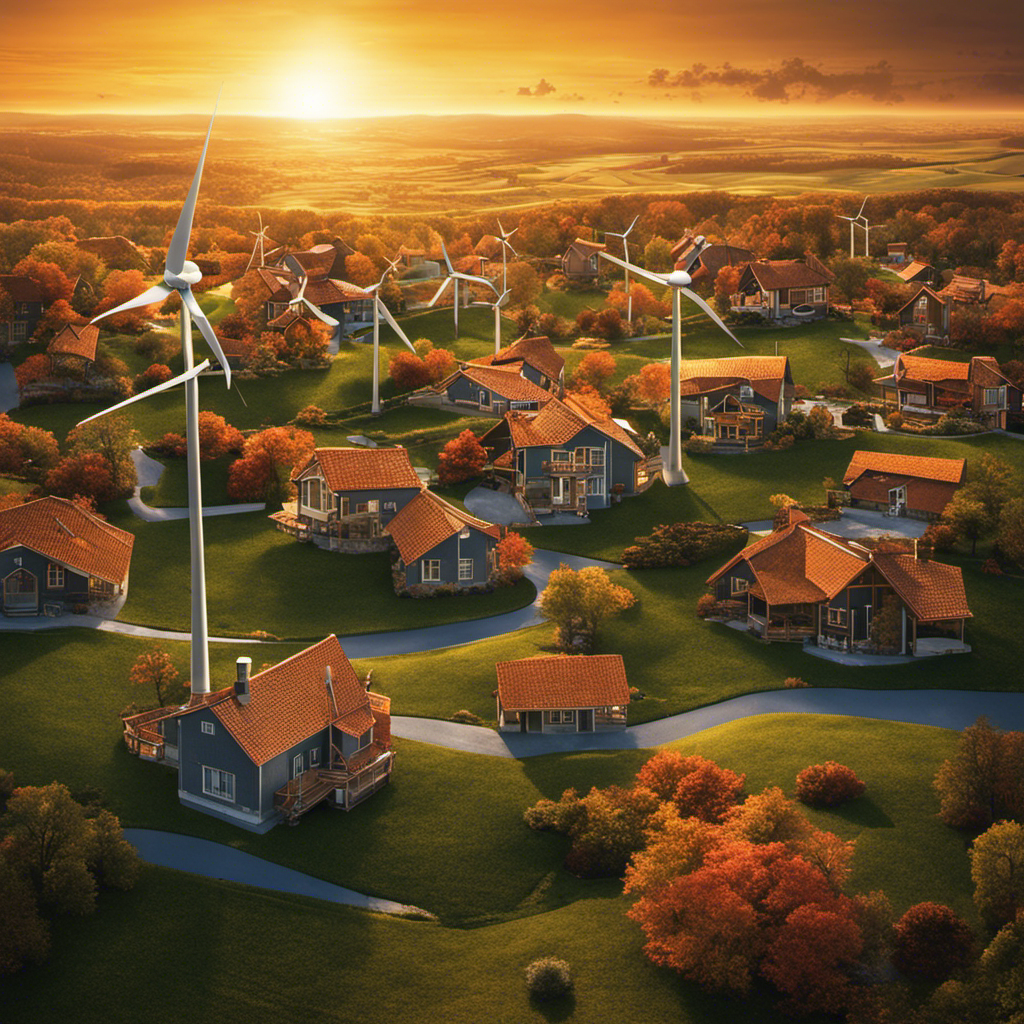 An image that showcases the power of a single wind turbine by depicting a sprawling landscape dotted with houses, each house radiating a glow to represent the energy it receives, while the turbine stands tall in the center, symbolizing its ability to supply multiple homes