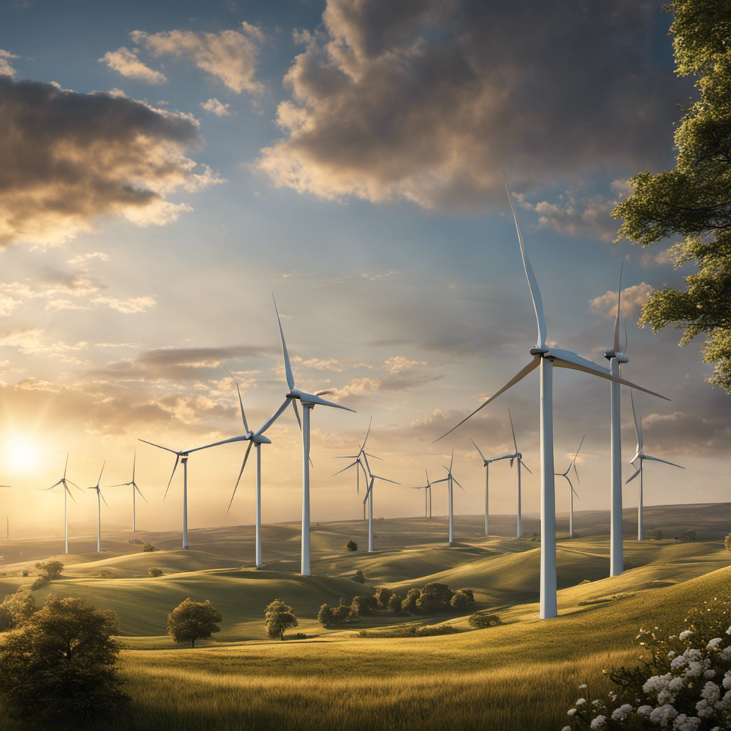 An image showcasing a vast landscape with a cluster of modern wind turbines towering above a picturesque countryside, as they gracefully harness the endless power of the wind, hinting at the potential to electrify multiple homes