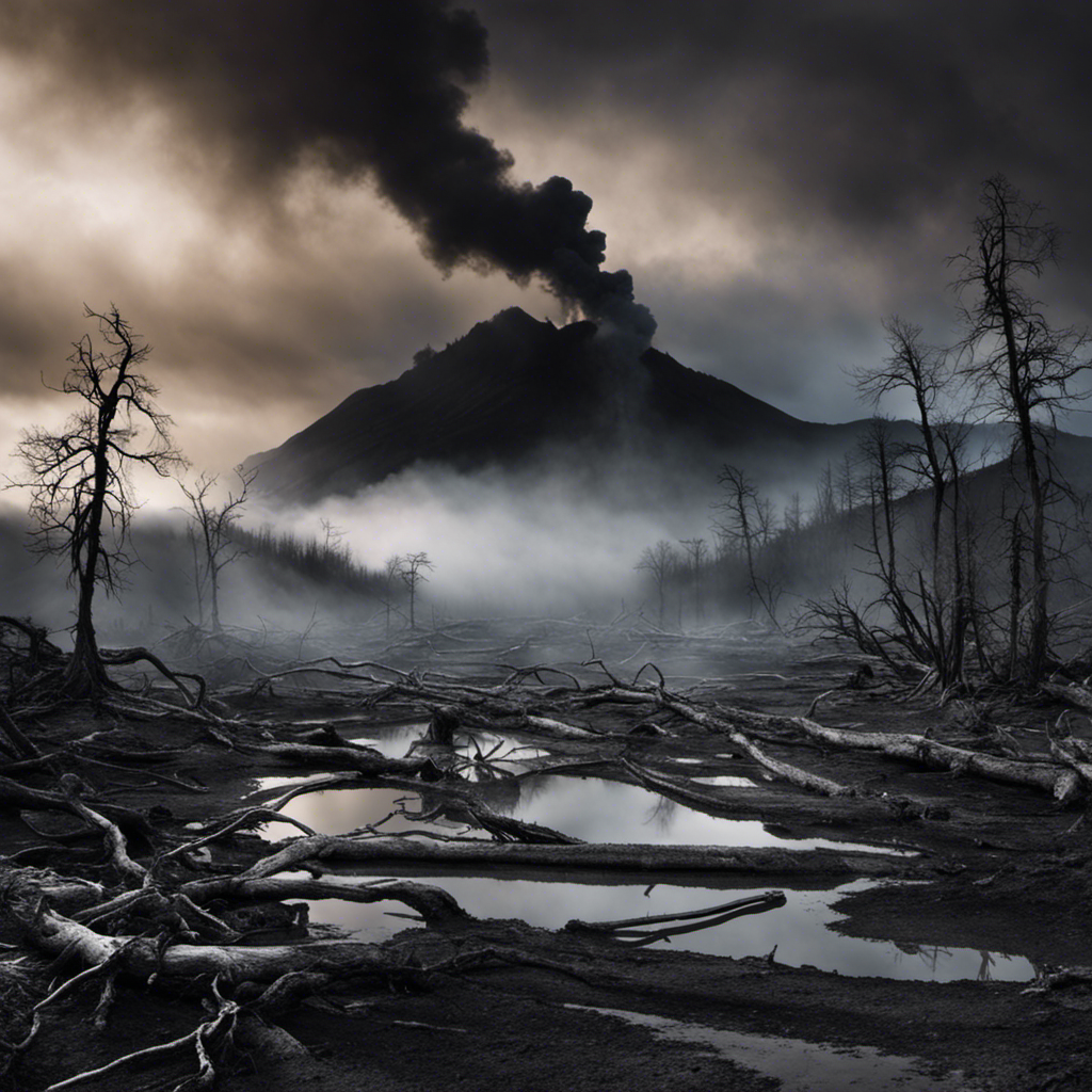 A hauntingly beautiful image that captures the devastation caused by geothermal energy, with a deserted landscape marred by toxic fumes, lifeless trees, and a sense of eerie stillness, evoking the silent casualties it claims each year