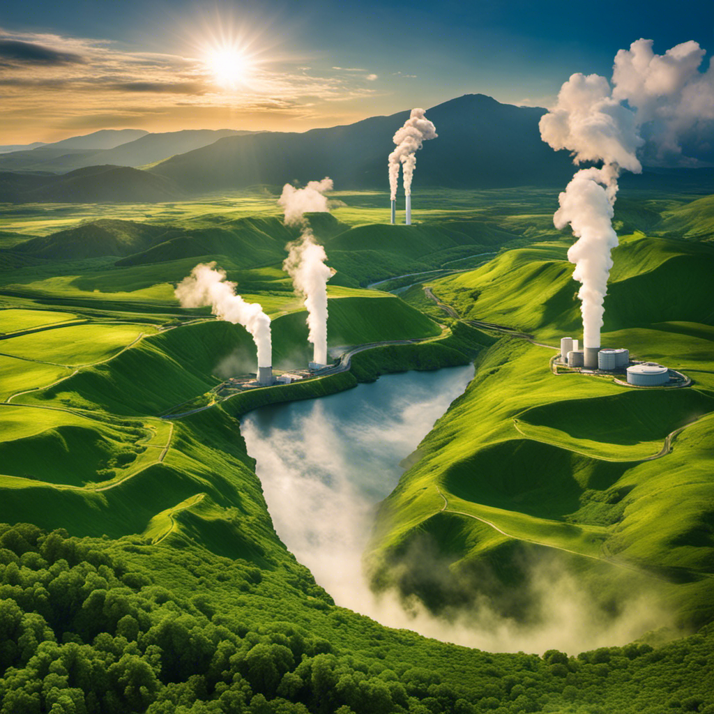 An image showcasing a vast landscape with multiple geothermal power plants, emitting steam from their tall towers, surrounded by vibrant greenery, illustrating the widespread and diverse areas served by geothermal energy