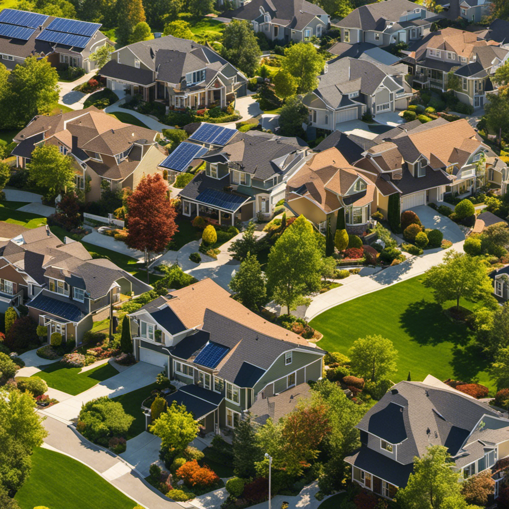 An image showcasing a sprawling suburban neighborhood, where each house features solar panels glistening under the bright sun