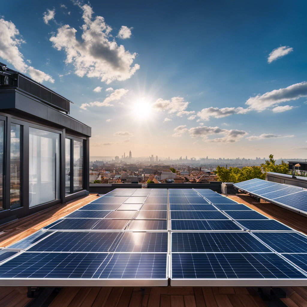 An image showcasing a sunny rooftop with a grid of solar panels evenly spread across its surface, reflecting the vibrant blue sky