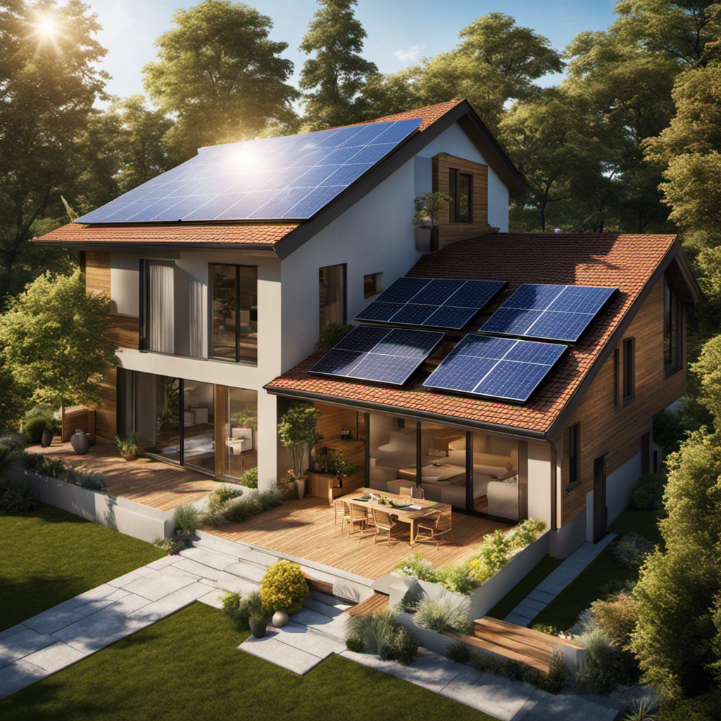 An image showcasing a suburban home, bathed in sunlight, with a solar panel system installed on its rooftop