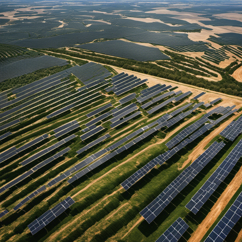An image that depicts a vast landscape with rows of solar panels stretching as far as the eye can see, illustrating the scale of land required to generate 1 MW of solar energy
