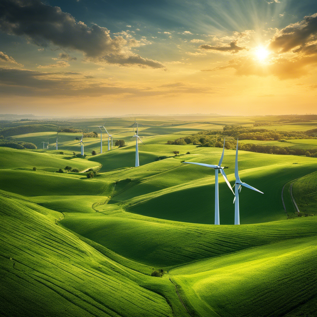 An image showcasing a vast landscape with a towering wind turbine gracefully harnessing the power of the wind, surrounded by lush green fields, conveying the immense potential of wind energy generation