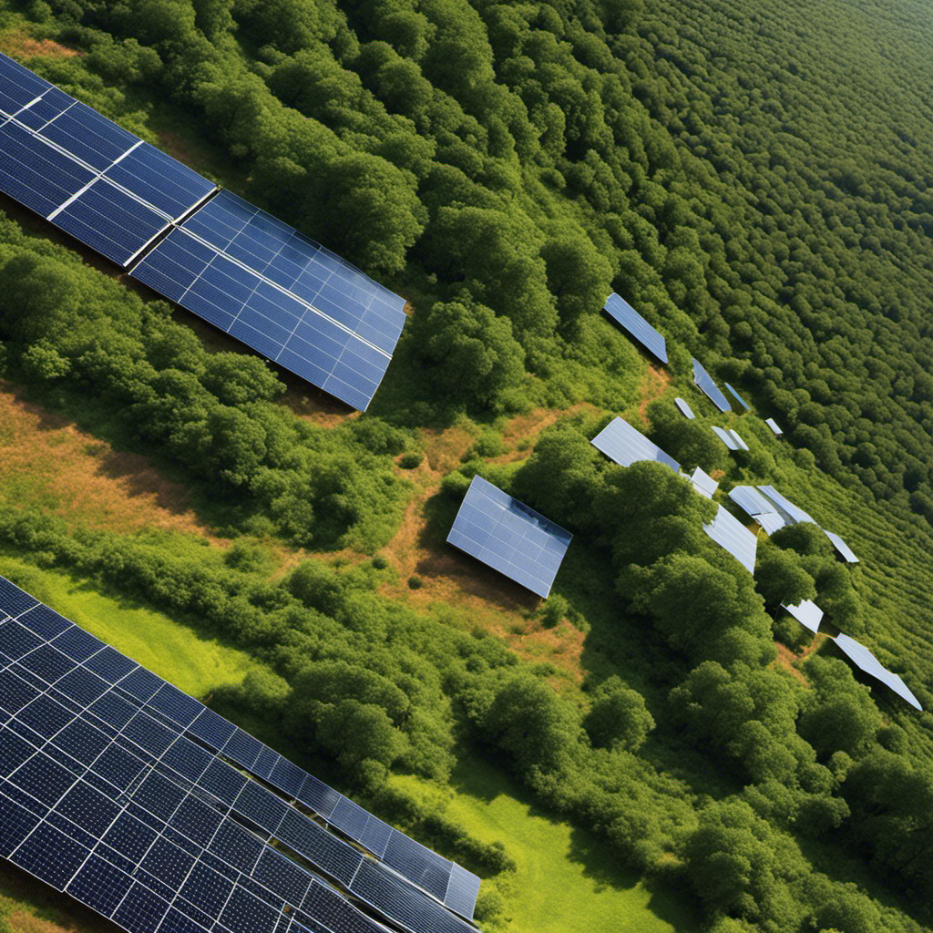 An image showcasing two contrasting landscapes side by side: one with solar panels and vibrant, thriving greenery representing the present, and another with outdated technology and barren land symbolizing the cost of solar energy in 2010
