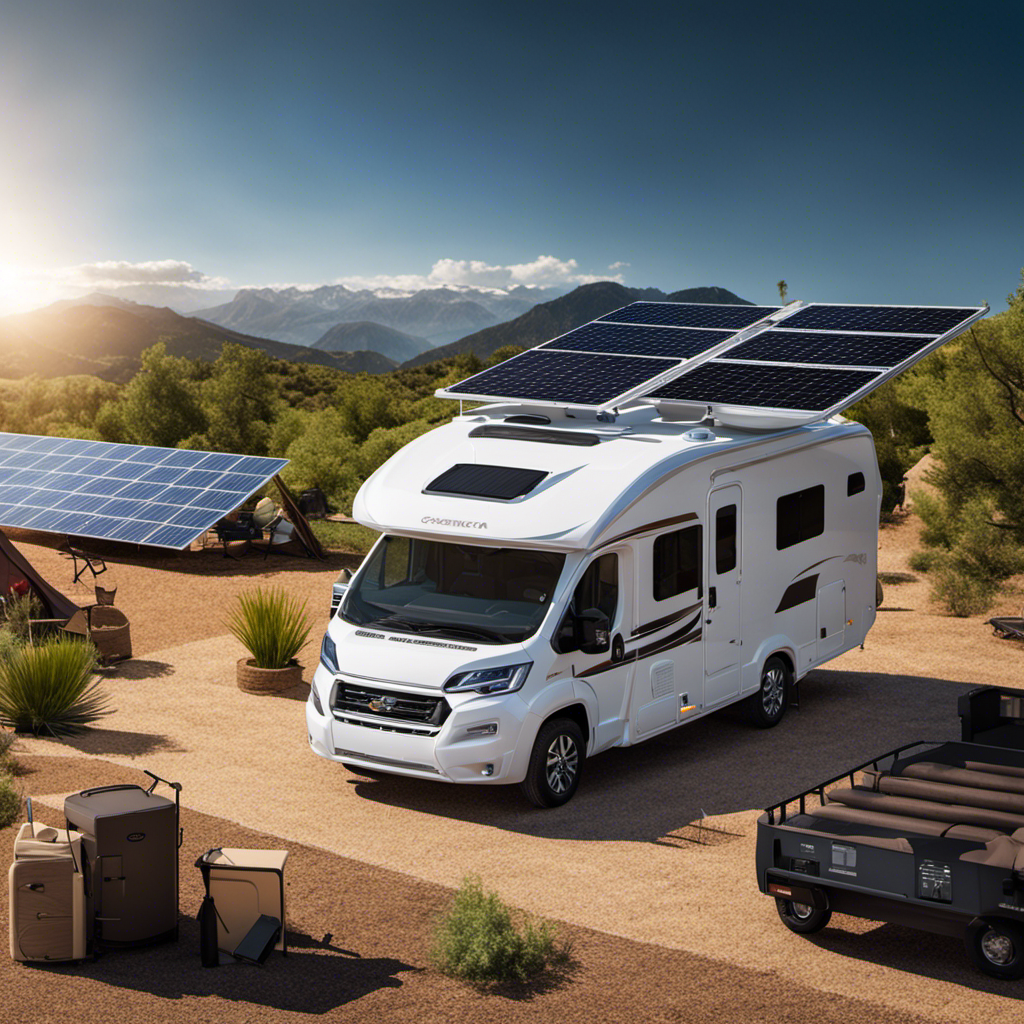 An image showcasing a sun-drenched RV rooftop adorned with a high-quality solar energy generator, surrounded by a scenic camping backdrop