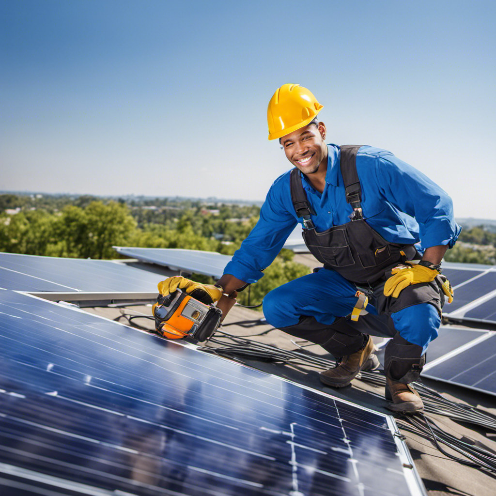 An image showcasing a smiling solar energy technician wearing a safety helmet and working on a rooftop installation, surrounded by solar panels glistening under a clear blue sky