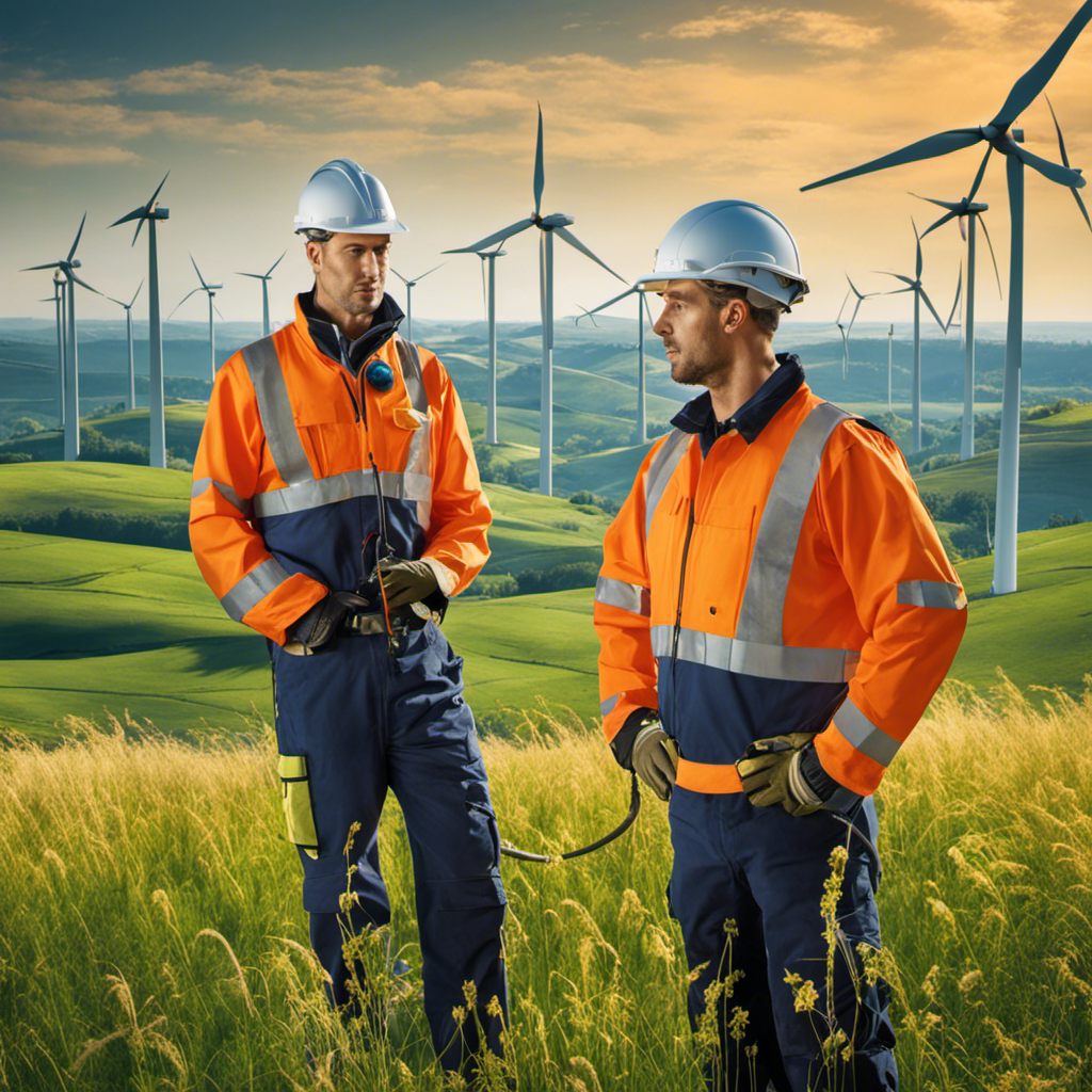 An image that portrays a group of wind turbine technicians in their vibrant orange safety gear, skillfully maintaining towering wind turbines against a picturesque backdrop of rolling green hills and a clear blue sky