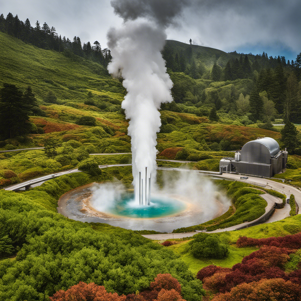 An image showcasing the majestic Geysers in San Francisco, featuring a geothermal energy plant amidst the stunning natural landscape