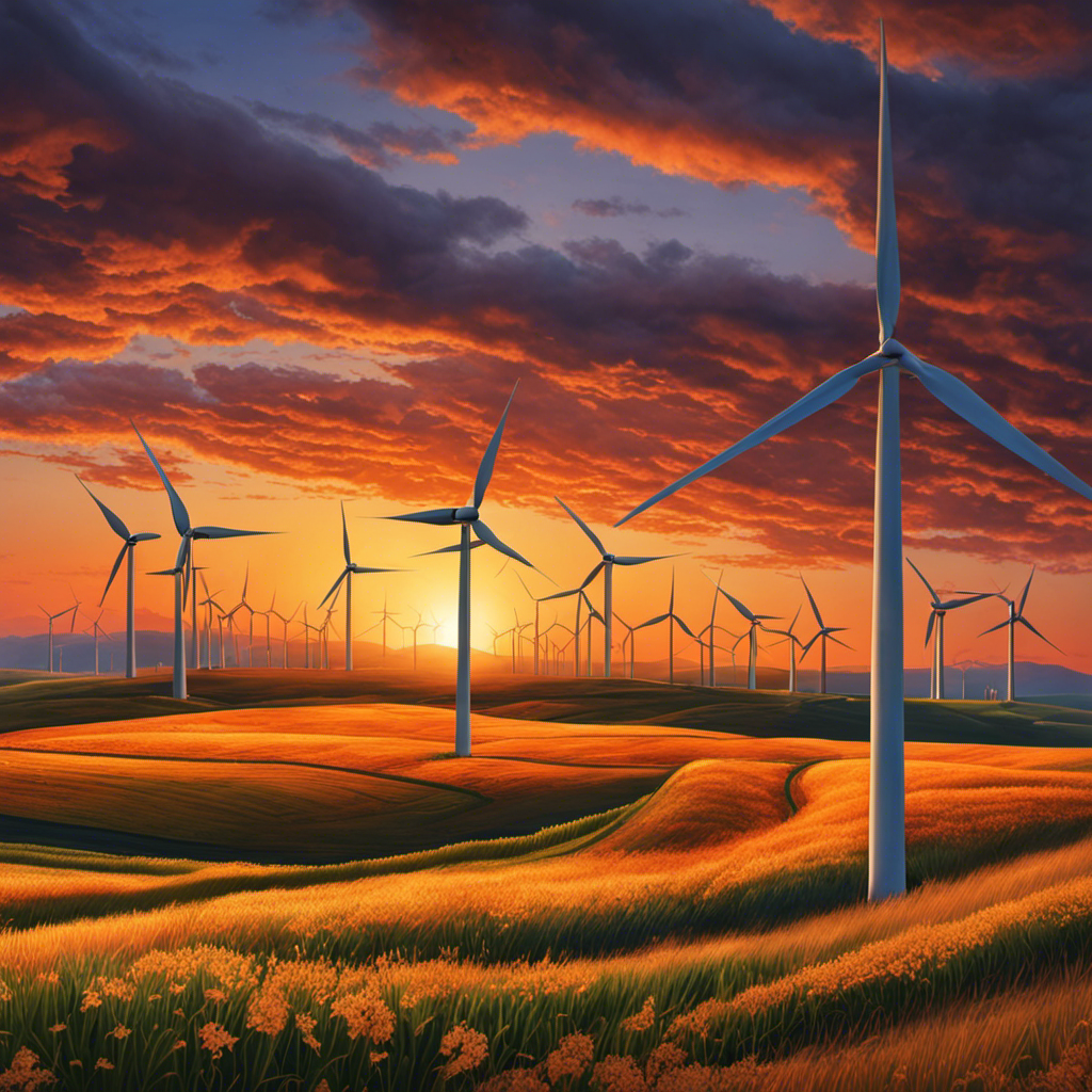An image that depicts a sprawling wind farm at sunset, with multiple majestic wind turbines gracefully spinning against a vibrant orange sky, symbolizing the immense annual energy production potential