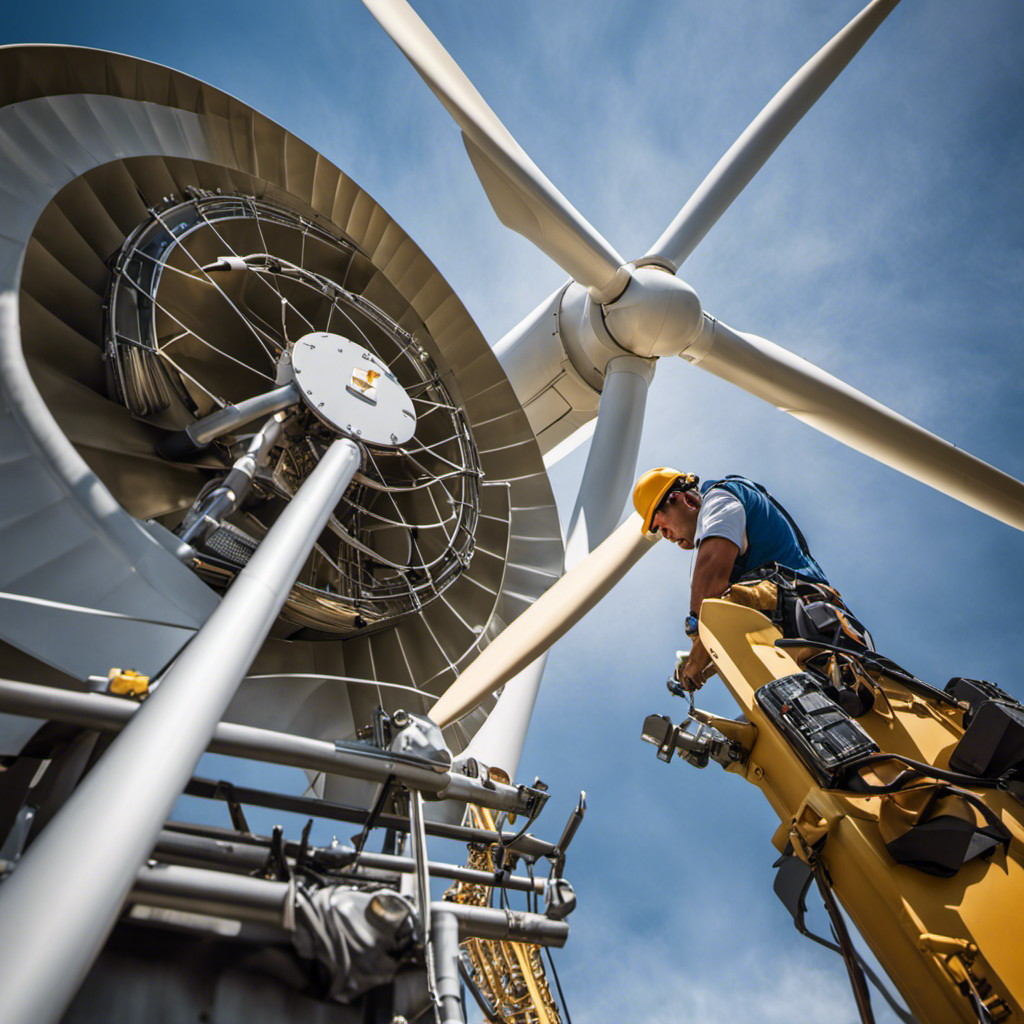 An image showcasing a skilled wind turbine technician working atop a towering turbine, surrounded by sweeping vistas of wind farms, while their tools and equipment lie nearby, symbolizing the lucrative career potential