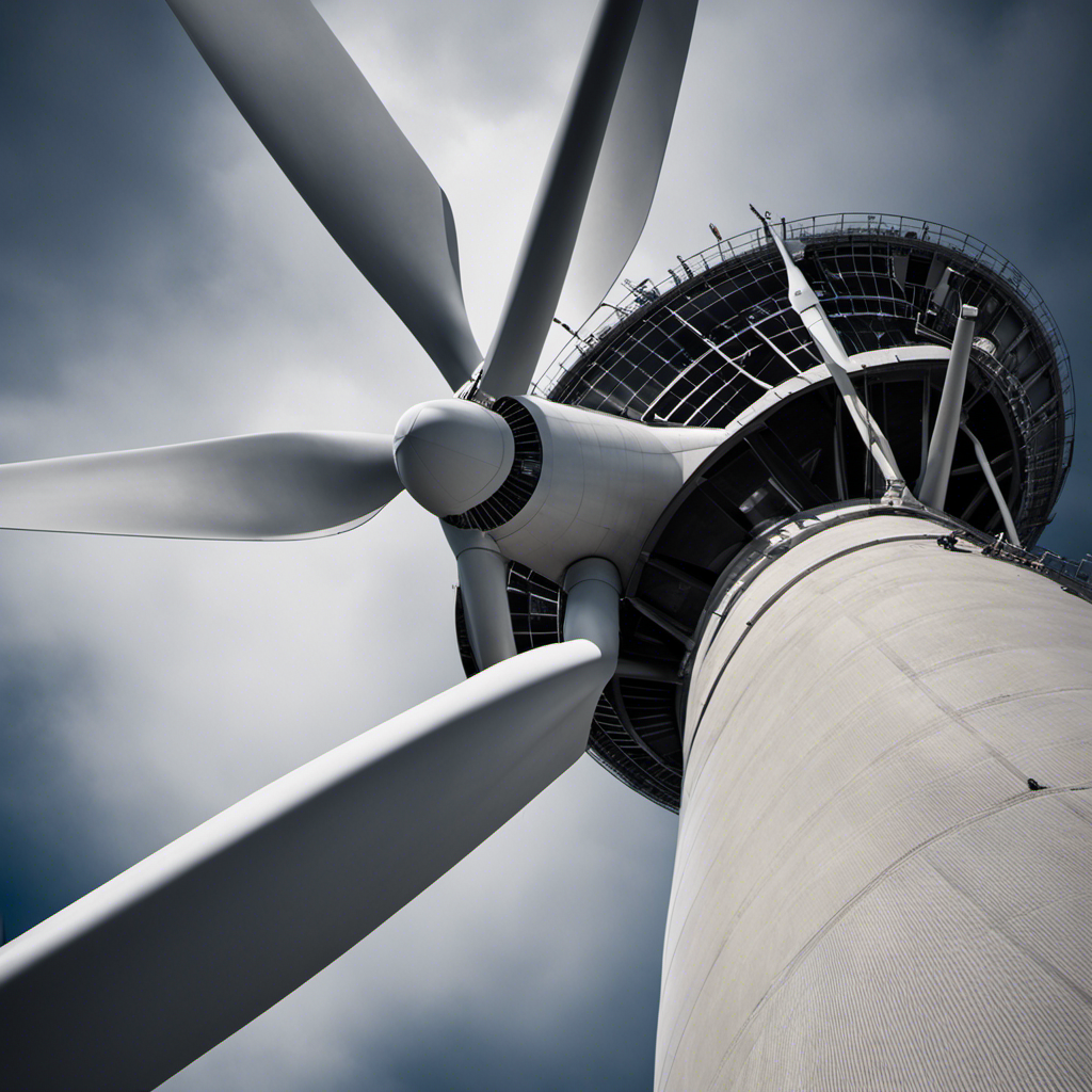 An image showcasing the colossal weight of a wind turbine, with its towering structure dwarfing nearby objects