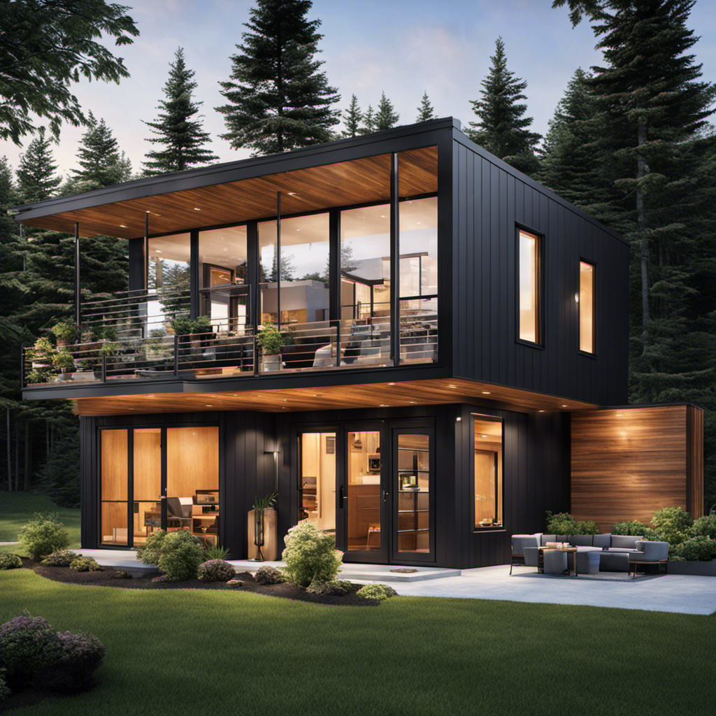 An image showcasing a modern 1200-square-foot house with a geothermal system, emphasizing the intricate piping connections, heat pump unit, and the potential cost-saving benefits