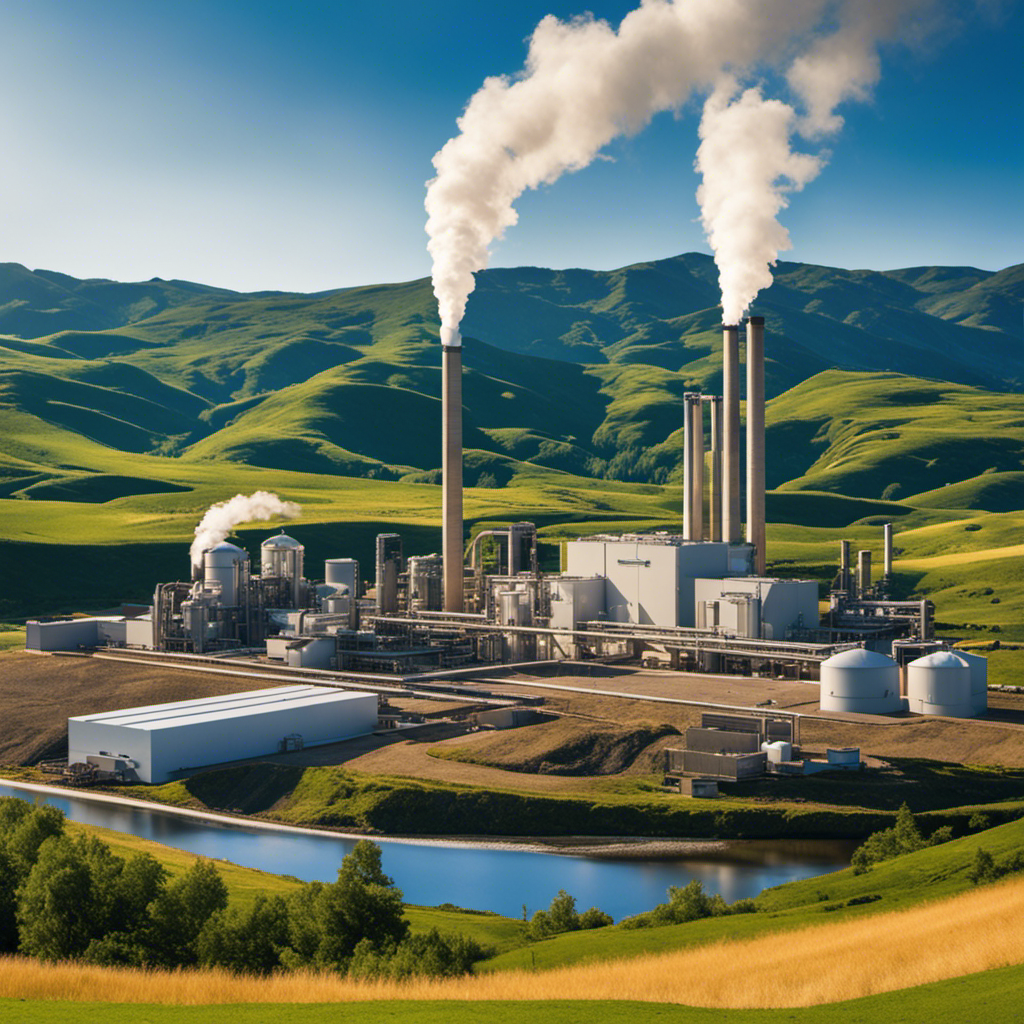 An image showcasing a geothermal power plant against a backdrop of rolling hills, with a clear blue sky overhead