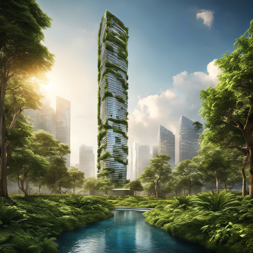 An image showcasing a towering skyscraper enveloped by lush greenery, while geothermal wells seamlessly blend into its foundation